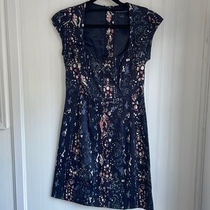 French Connection A-line Dress Navy Cap Sleeves Pleated Zipper Scoop Neck Size 0